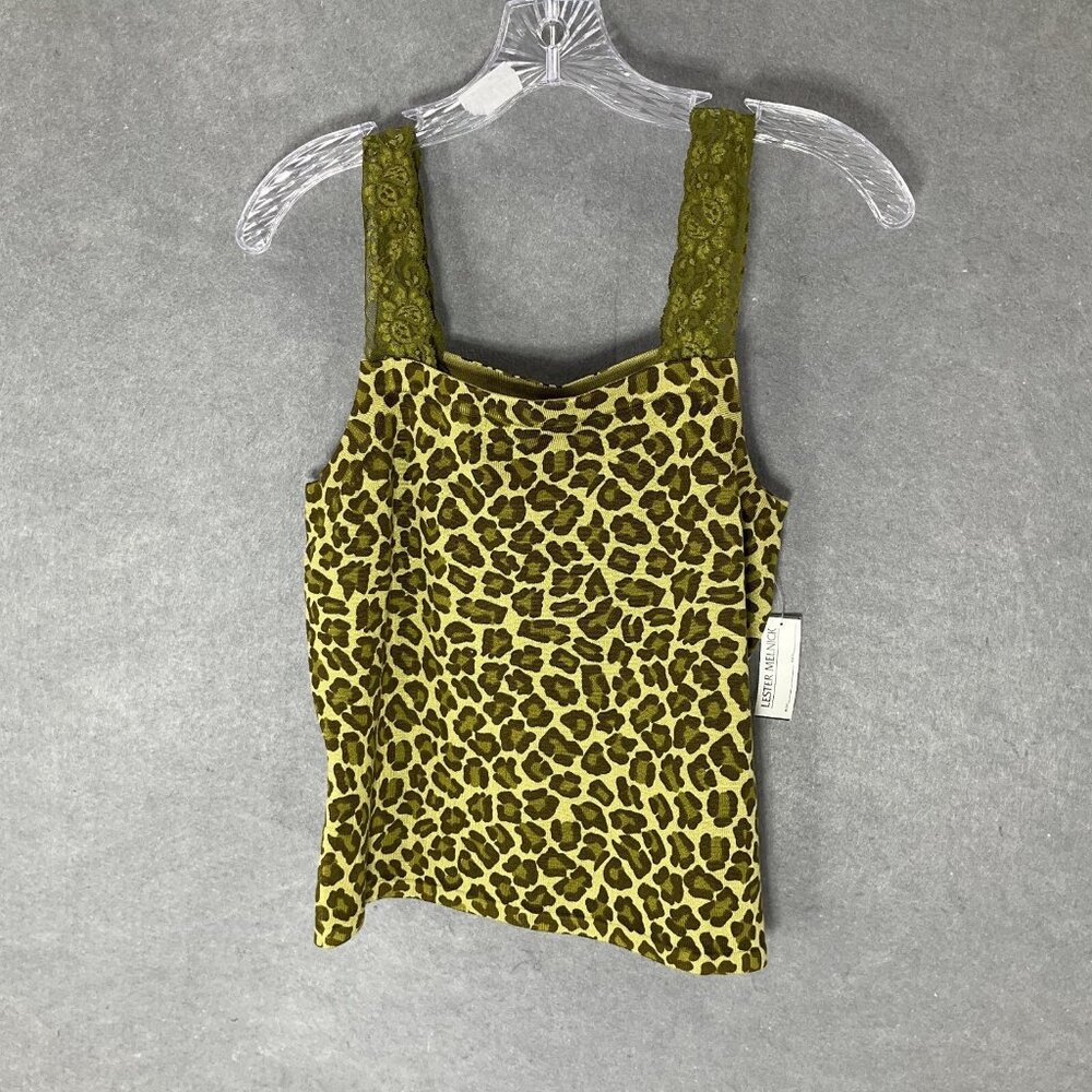 Irka By SSG Top Women Sz M Green Silk Animal Print Lace Straps Knit Vintage‎
